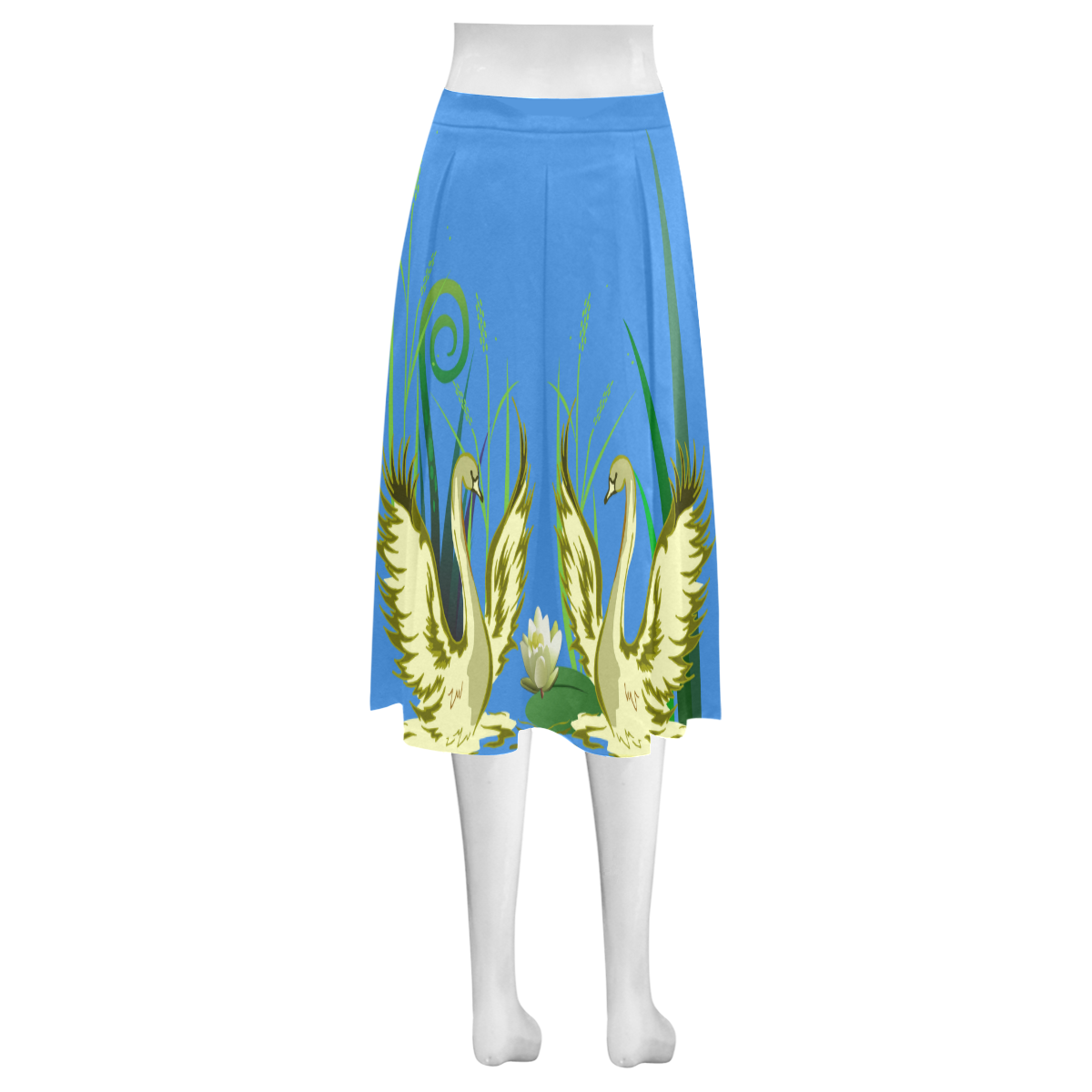 Lovely Swans  & Flower Lily in a Pond Mnemosyne Women's Crepe Skirt (Model D16)