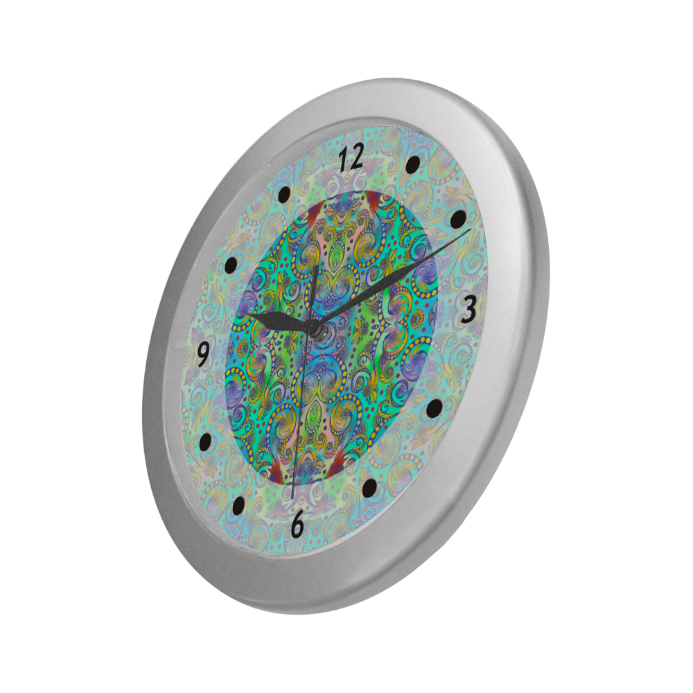 Oriental Flowers Spirals Ornaments Soft Colored Silver Color Wall Clock