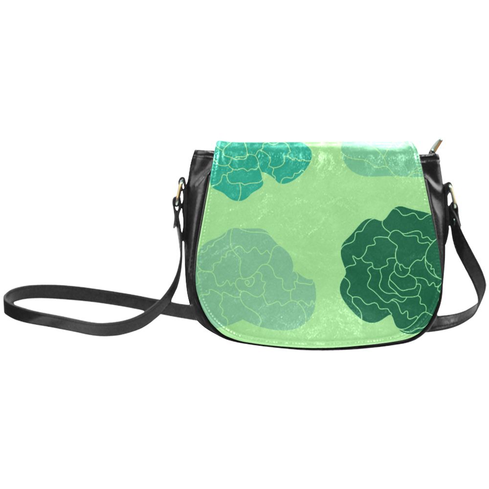 New arrival in Shop. Vintage bag with hand-drawn floral art. Enjoy luxury fashion. Green "emera Classic Saddle Bag/Small (Model 1648)