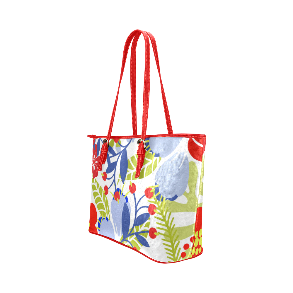 Colorful Red Blue Modern Floral Pattern Leather Tote Bag/Small (Model 1651)