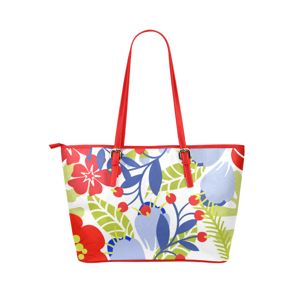 Colorful Red Blue Modern Floral Pattern Leather Tote Bag/Small (Model 1651)