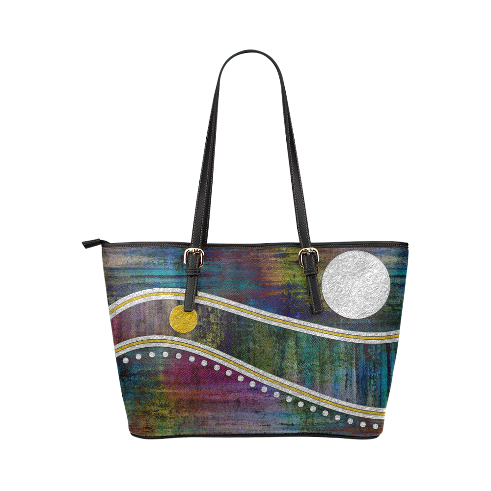 Landscape Waves Dots Grunge Gold Silver Leather Tote Bag/Small (Model 1651)