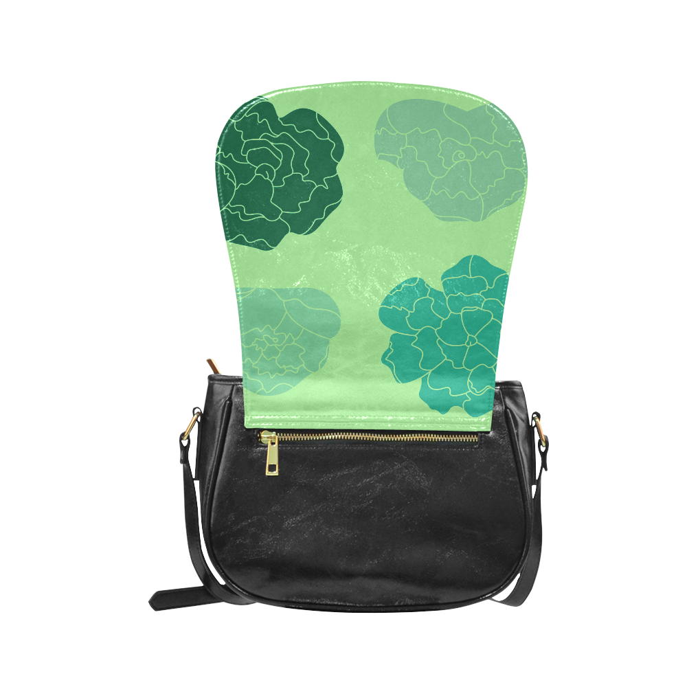New arrival in Shop. Vintage bag with hand-drawn floral art. Enjoy luxury fashion. Green "emera Classic Saddle Bag/Small (Model 1648)