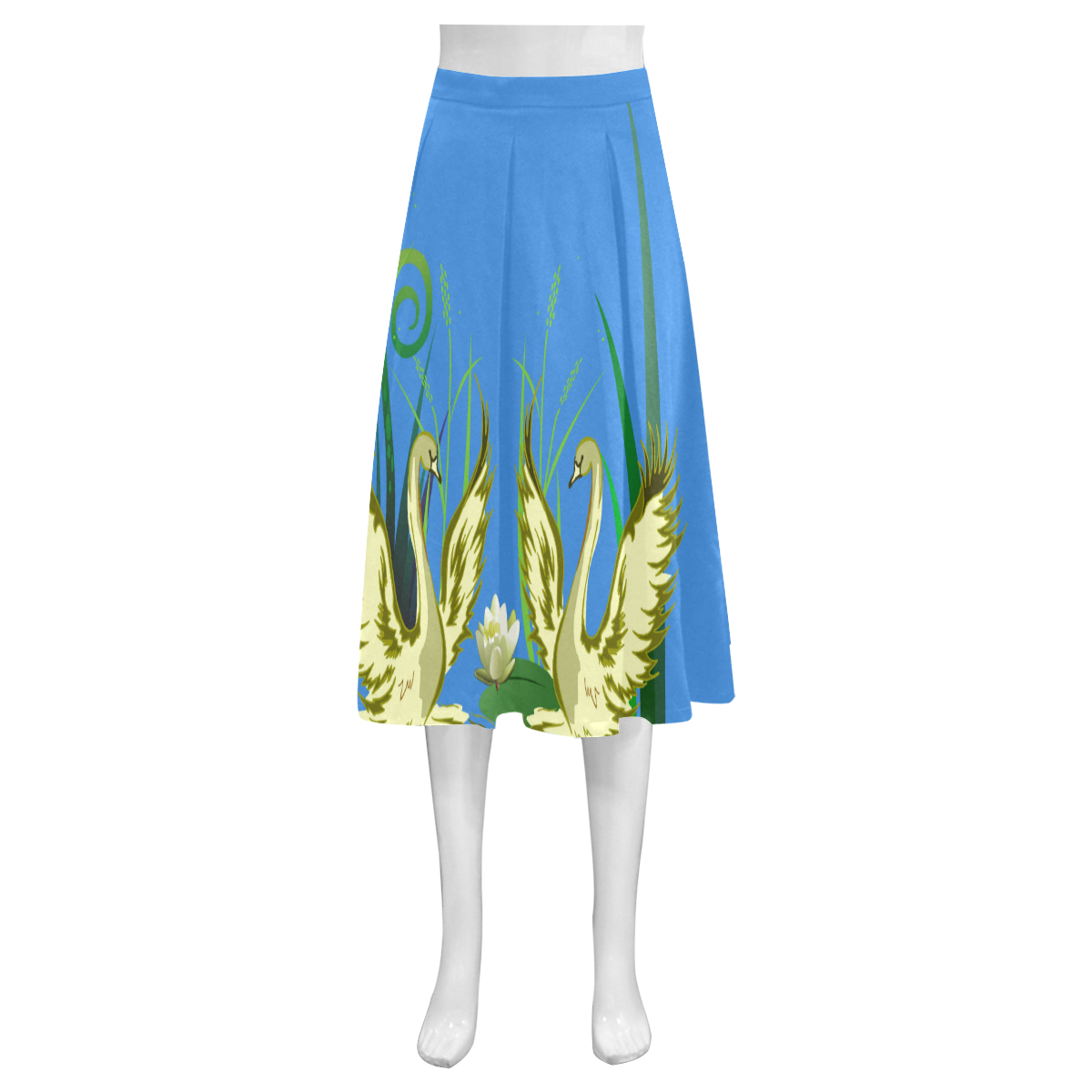 Lovely Swans  & Flower Lily in a Pond Mnemosyne Women's Crepe Skirt (Model D16)