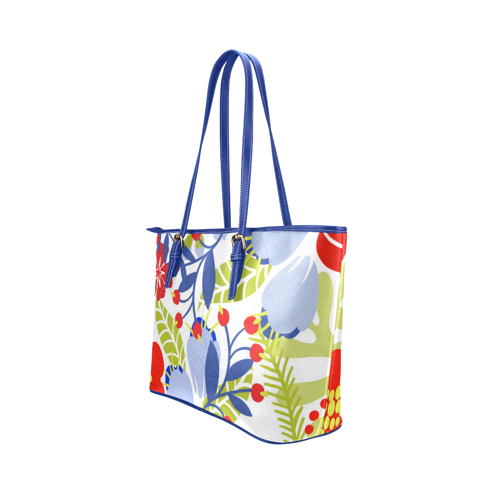 Colorful Red Blue Modern Floral Pattern Leather Tote Bag/Large (Model 1651)
