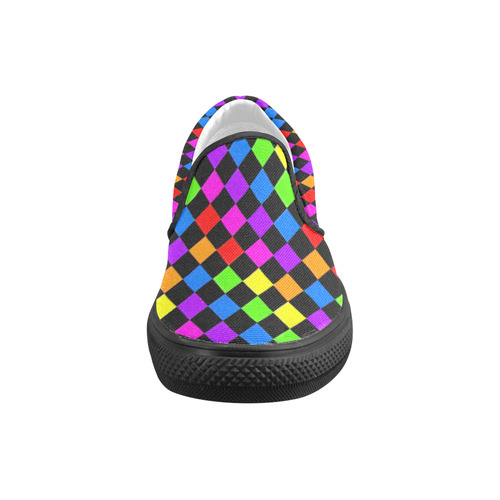 Diamon Checks Black and White and Rainbow Women's Unusual Slip-on Canvas Shoes (Model 019)