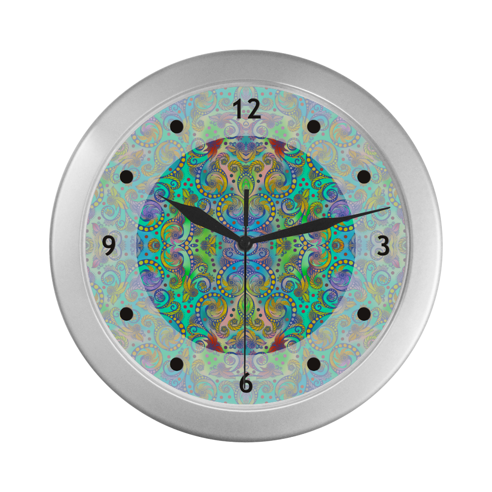 Oriental Flowers Spirals Ornaments Soft Colored Silver Color Wall Clock