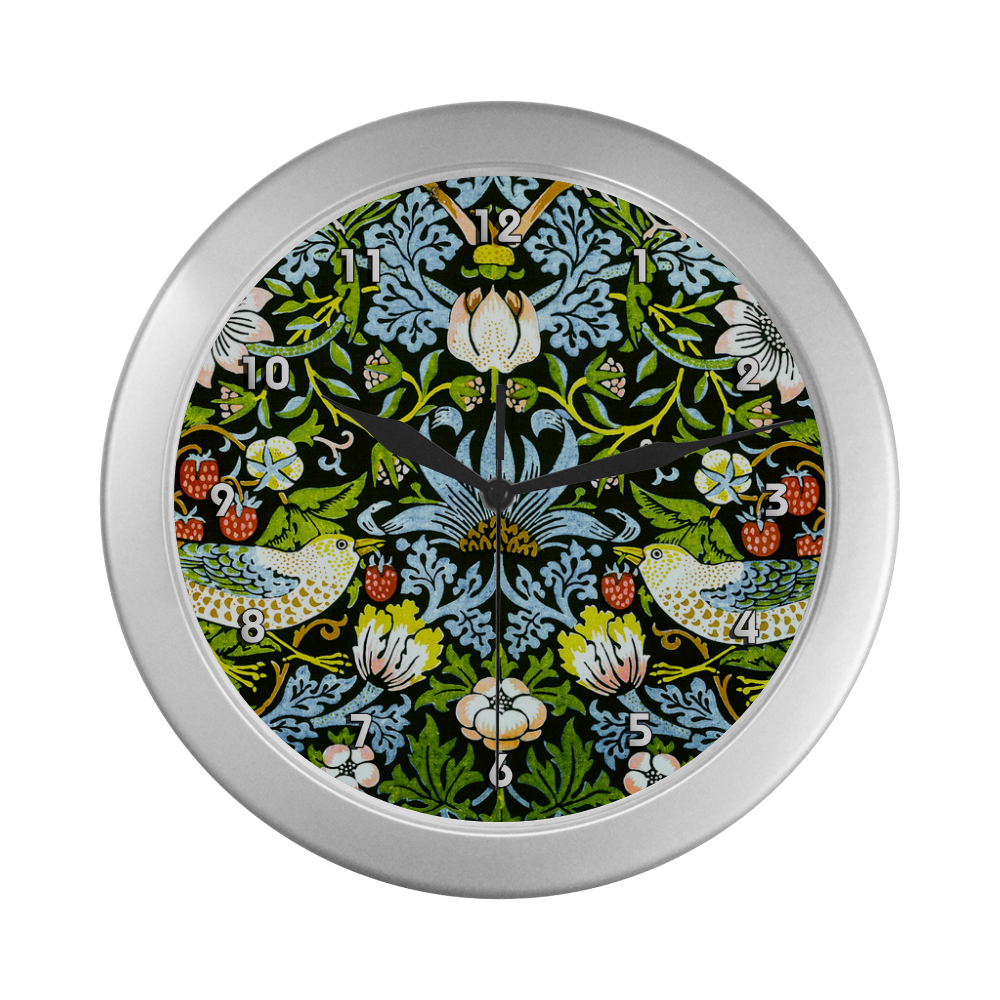 William Morris Strawberry Thief Vintage Floral Silver Color Wall Clock