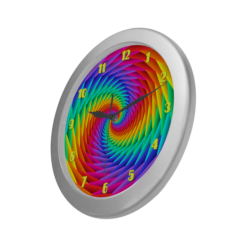 Psychedelic Rainbow Spiral Fractal Silver Color Wall Clock