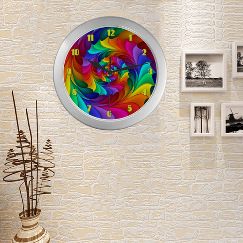 Psychedelic Rainbow Spiral Fractal Silver Color Wall Clock