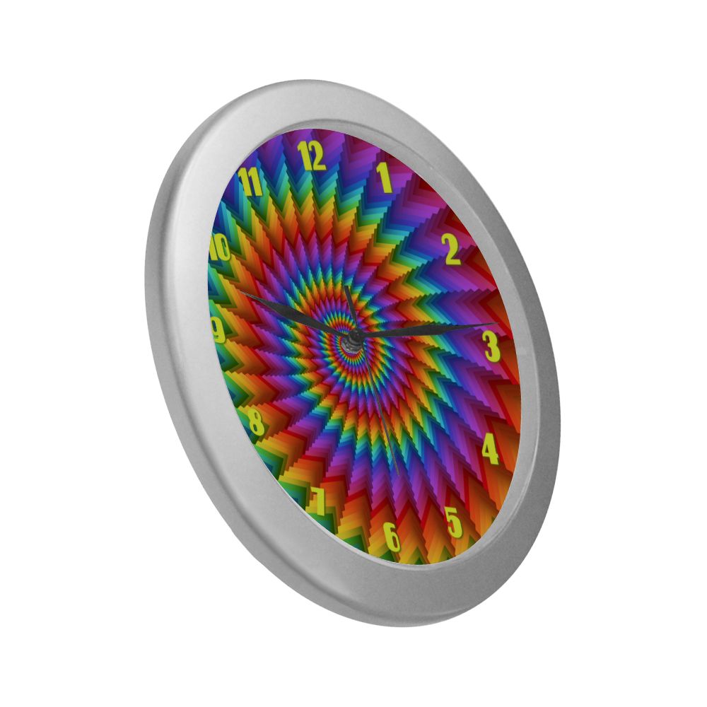 Psychedelic Rainbow Spiral Fractal Silver Color Wall Clock