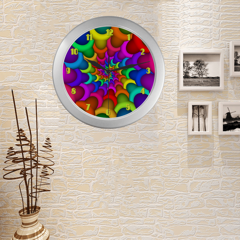 Psychedelic Rainbow Spiral Fractal Silver Color Wall Clock