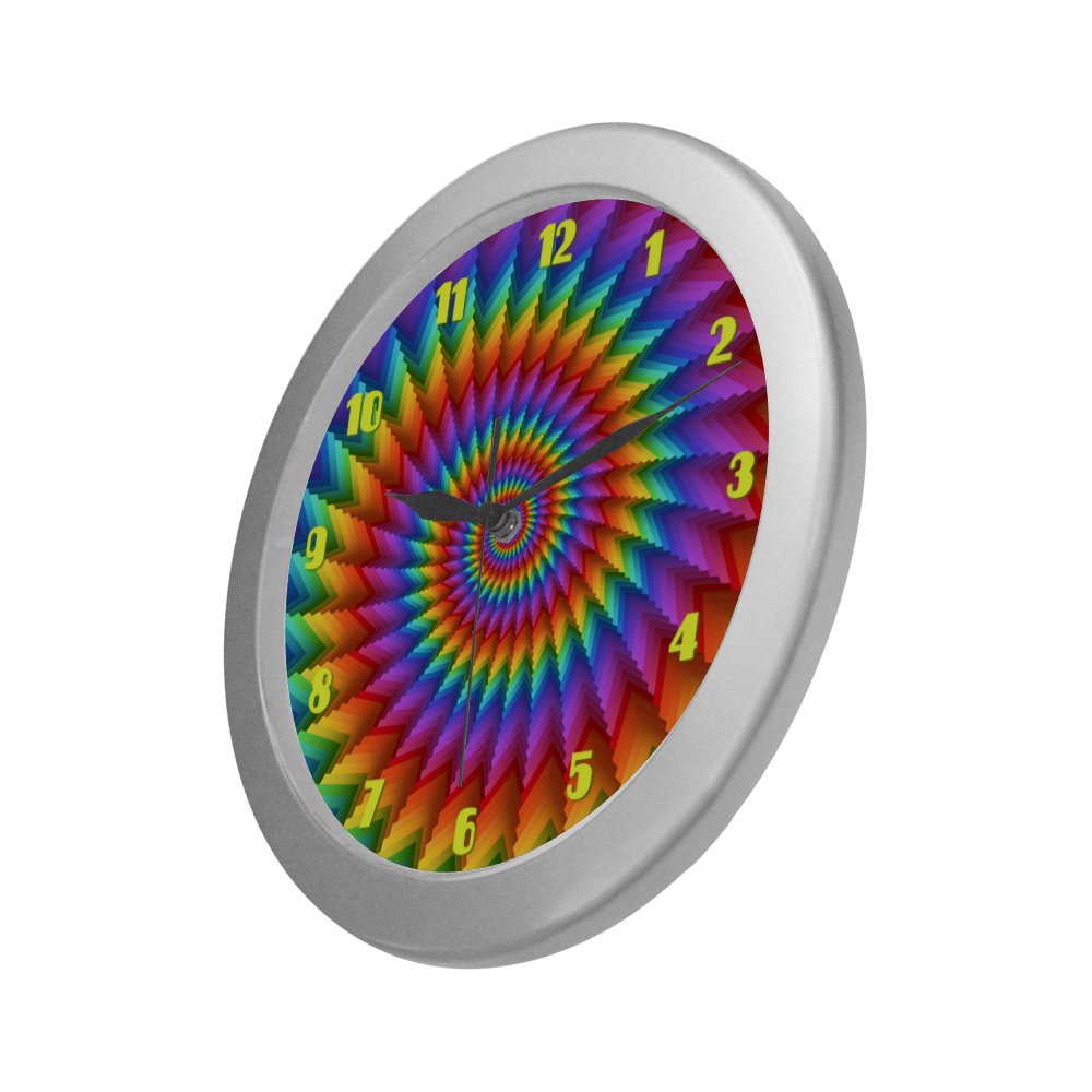 Psychedelic Rainbow Spiral Fractal Silver Color Wall Clock