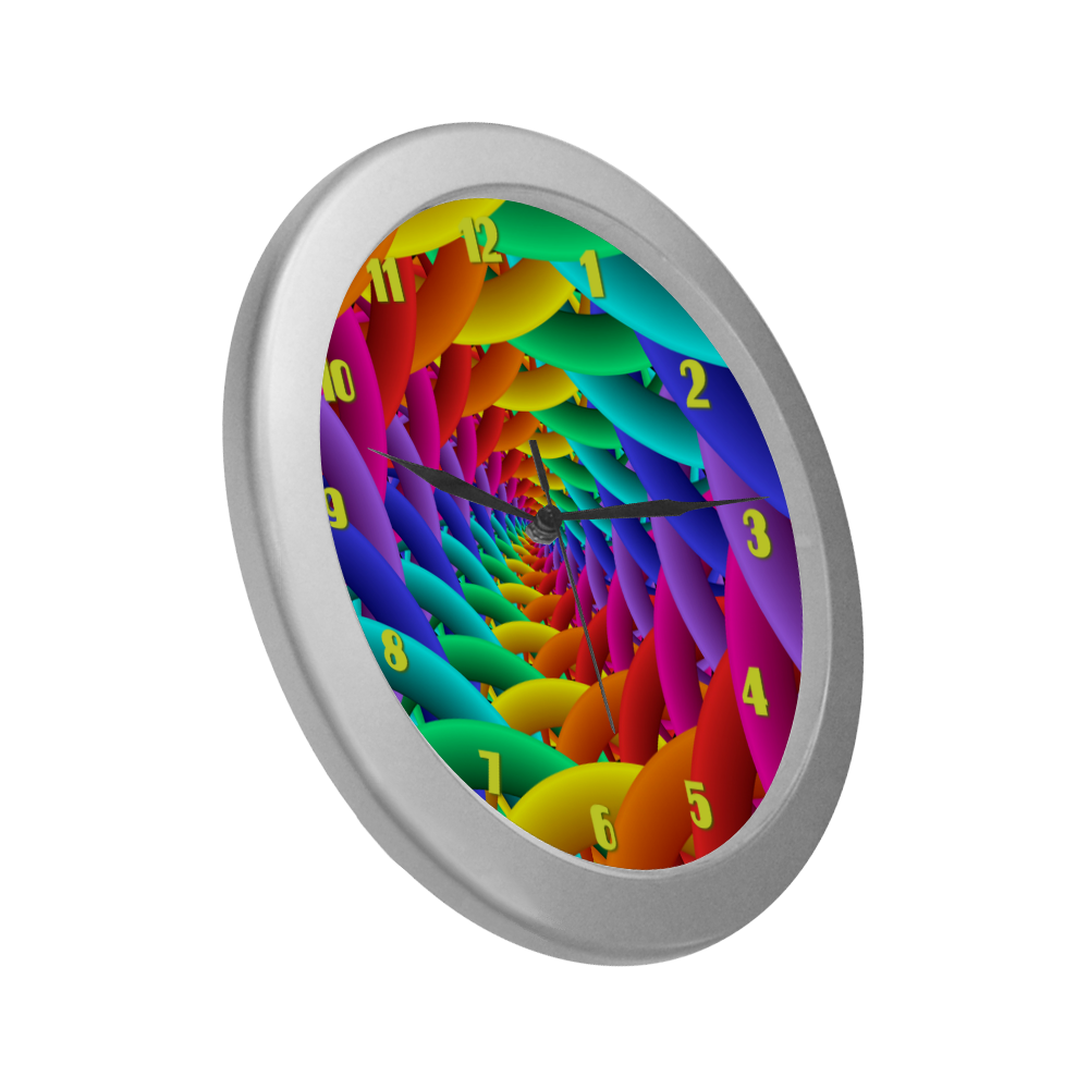 Psychedelic Rainbow Spiral Fractal Silver Color Wall Clock