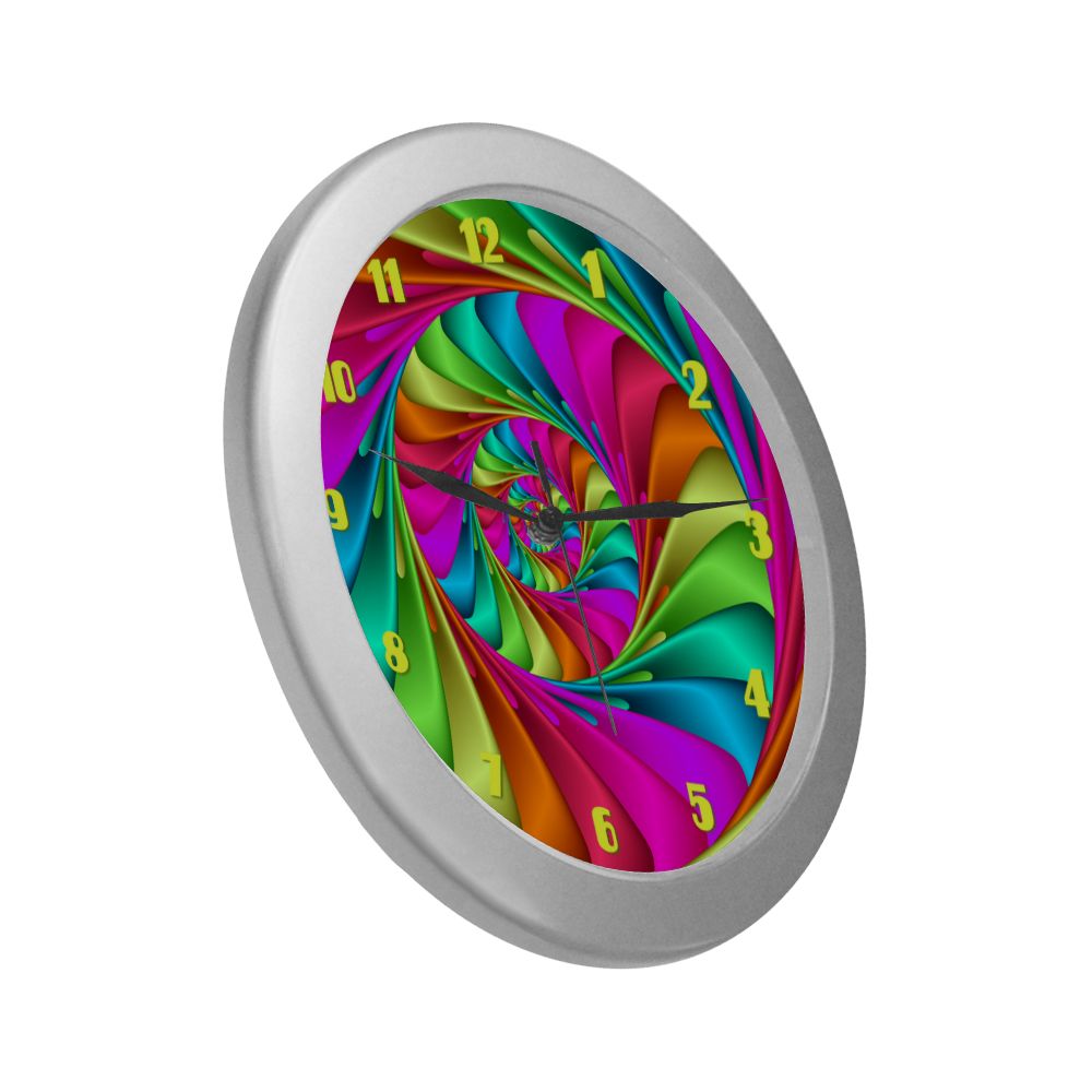 Psychedelic Rainbow Spiral Fractal Silver Color Wall Clock