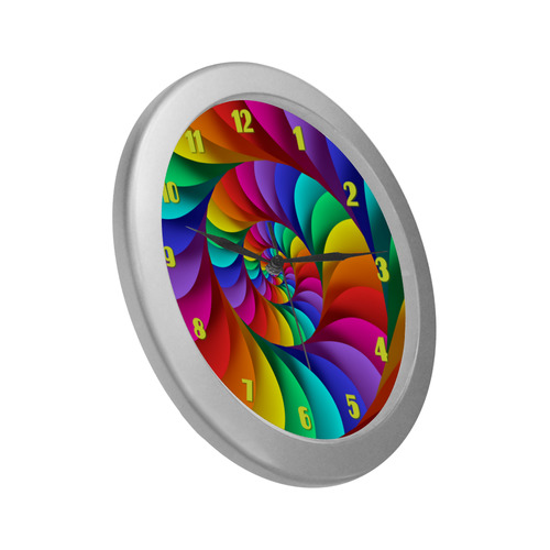 Psychedelic Rainbow Spiral Fractal Silver Color Wall Clock