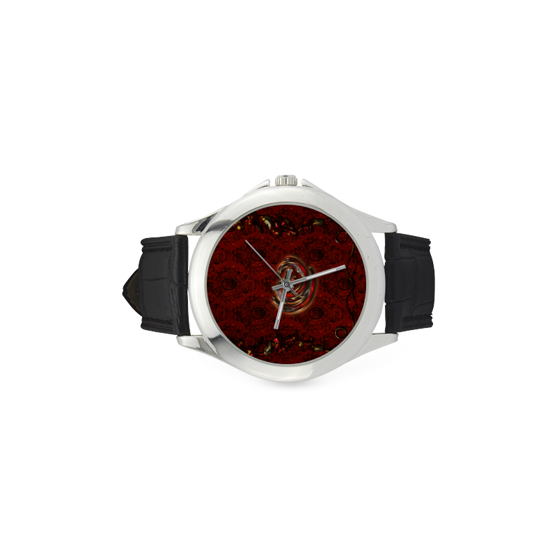 The dragon in red and gold Women's Classic Leather Strap Watch(Model 203)