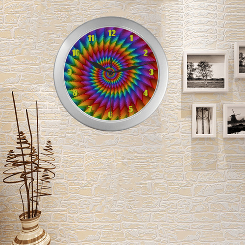 Psychedelic Rainbow Spiral Fractal Silver Color Wall Clock