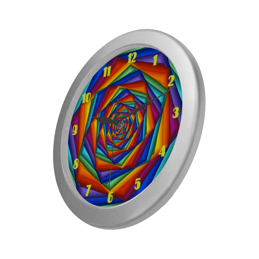 Psychedelic Rainbow Spiral Fractal Silver Color Wall Clock