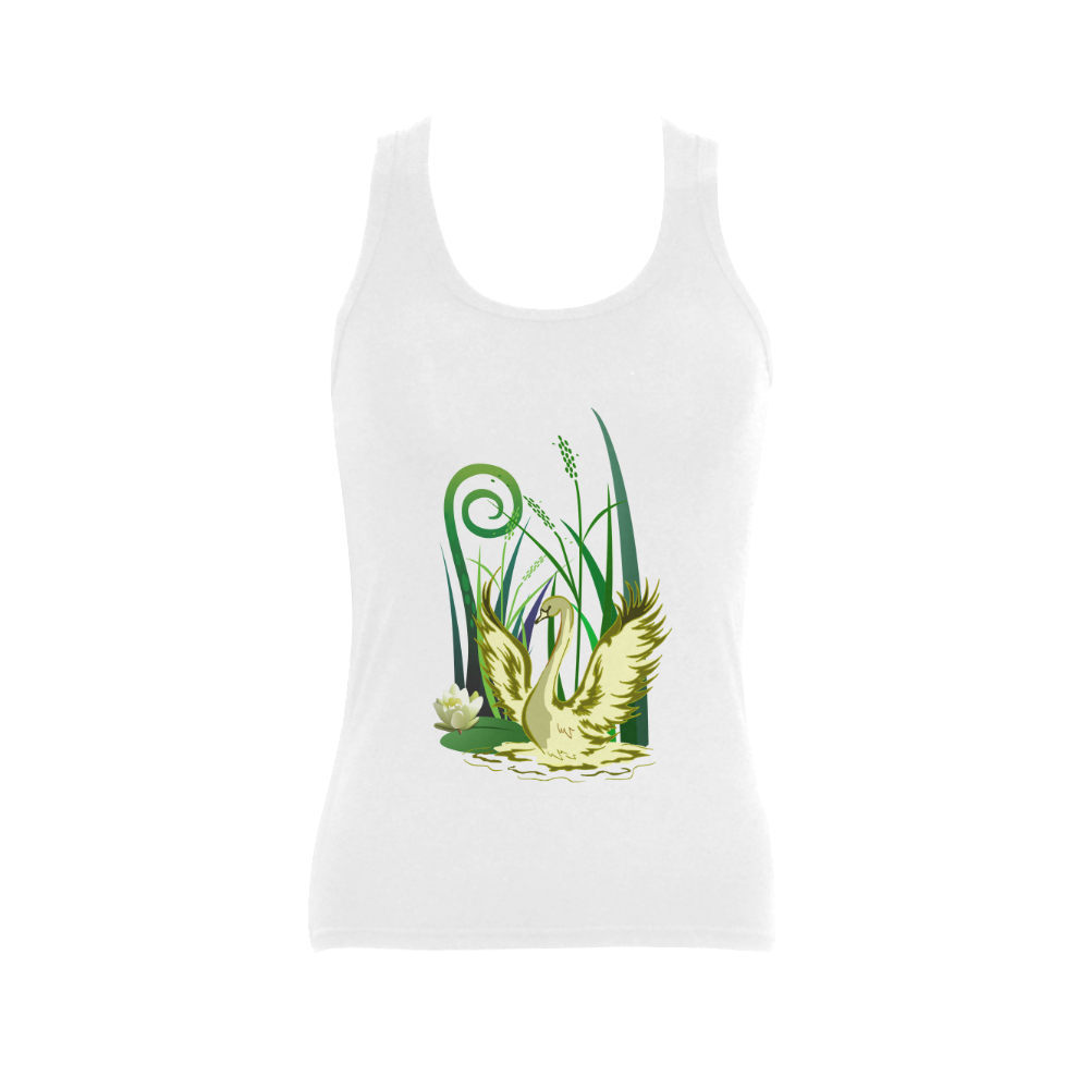 Lovely Swan  & Flower Lily in a Pond Women's Shoulder-Free Tank Top (Model T35)