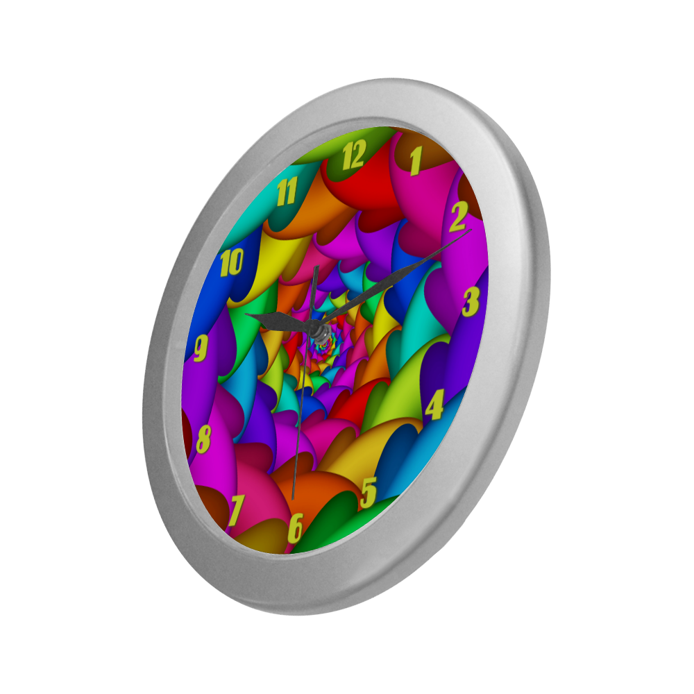 Psychedelic Rainbow Spiral Fractal Silver Color Wall Clock