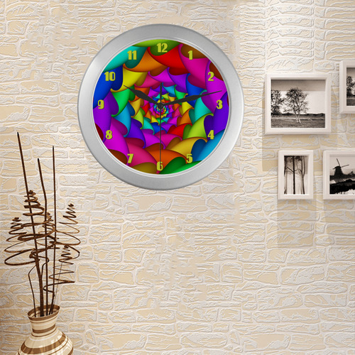 Psychedelic Rainbow Spiral Fractal Silver Color Wall Clock