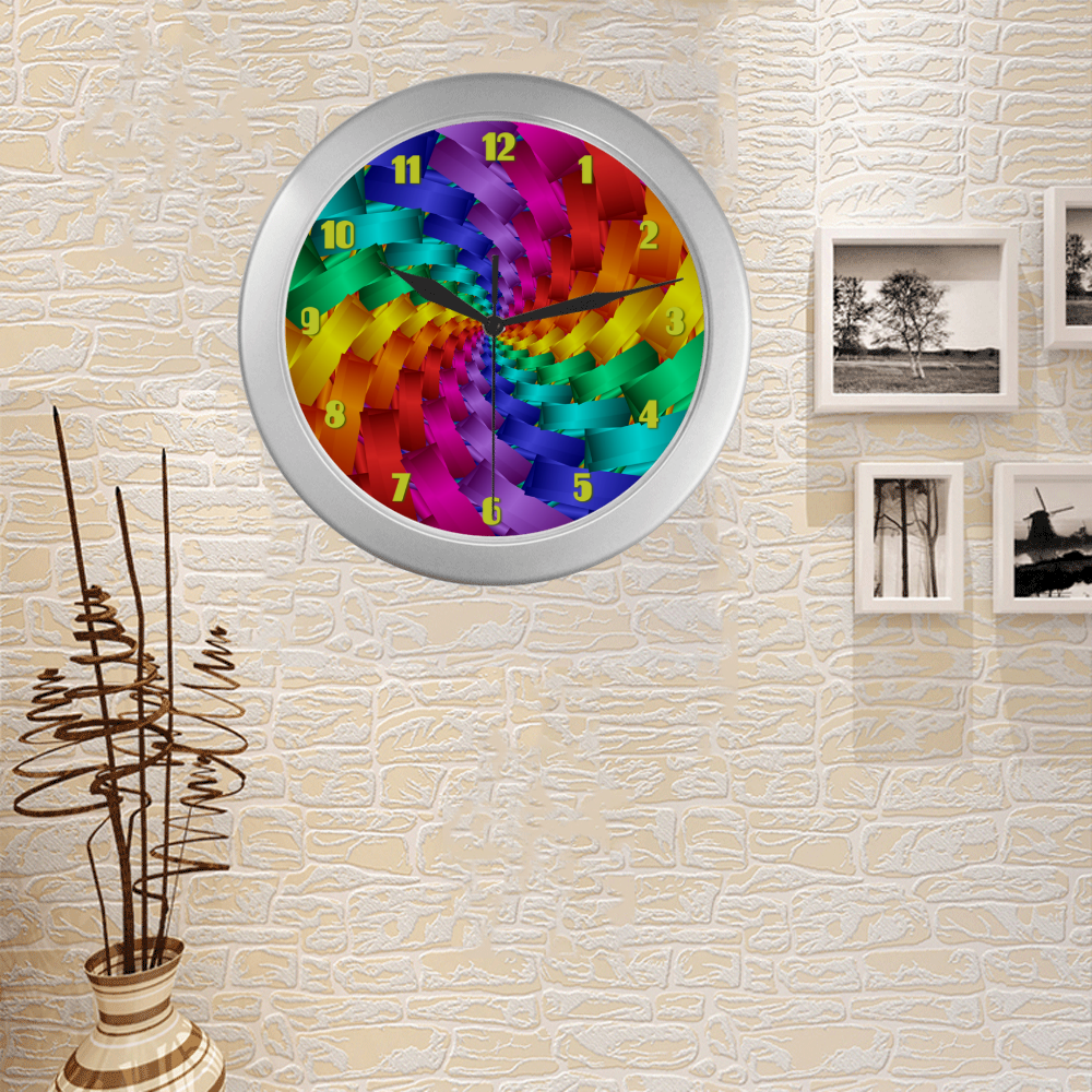 Psychedelic Rainbow Spiral Fractal Silver Color Wall Clock