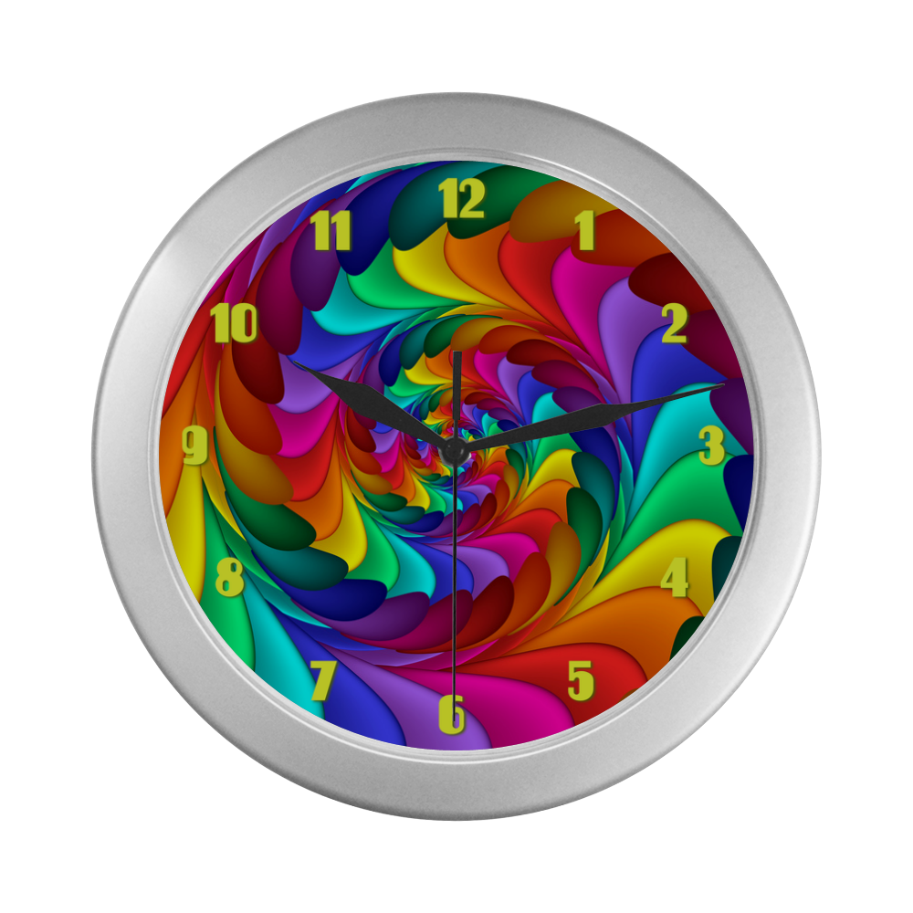 Psychedelic Rainbow Spiral Fractal Silver Color Wall Clock