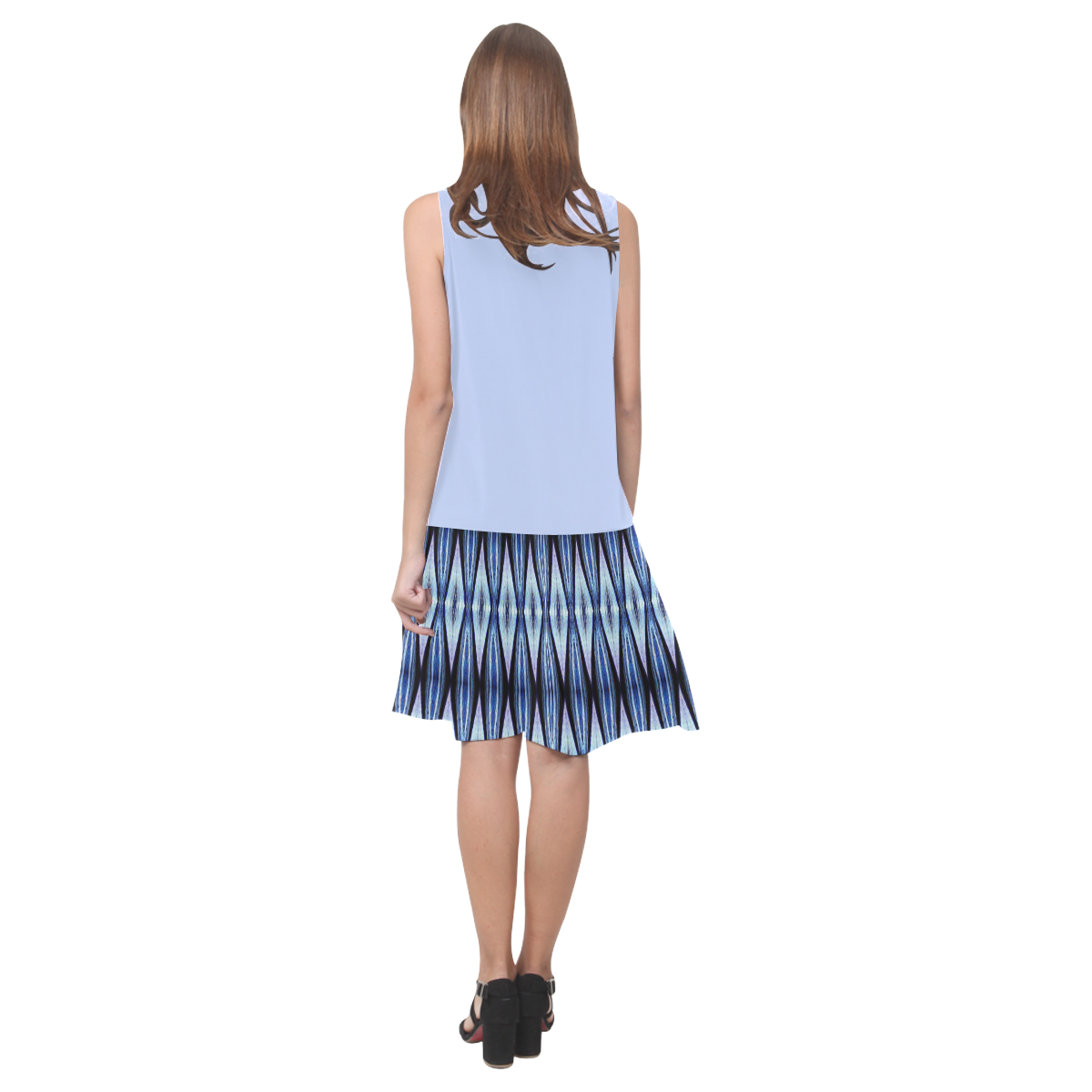 Blue White Diamond Pattern Sleeveless Splicing Shift Dress(Model D17)