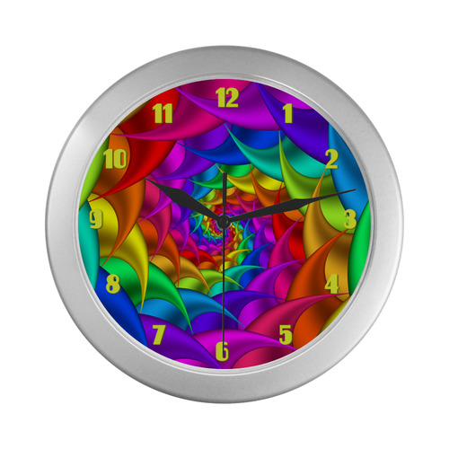 Psychedelic Rainbow Spiral Fractal Silver Color Wall Clock