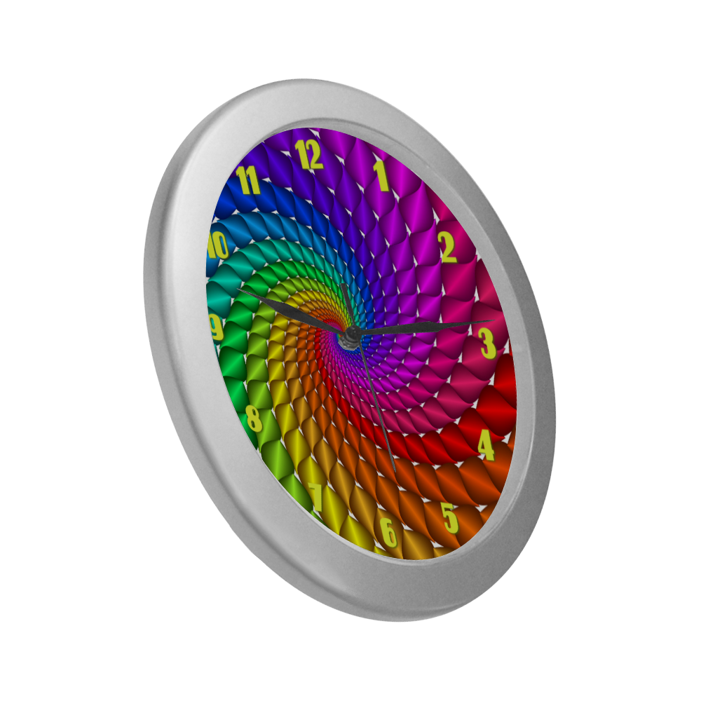 Psychedelic Rainbow Spiral Fractal Silver Color Wall Clock