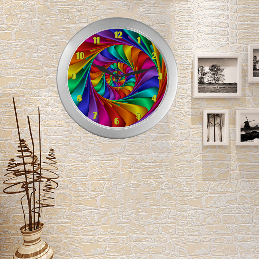 Psychedelic Rainbow Spiral Fractal Silver Color Wall Clock