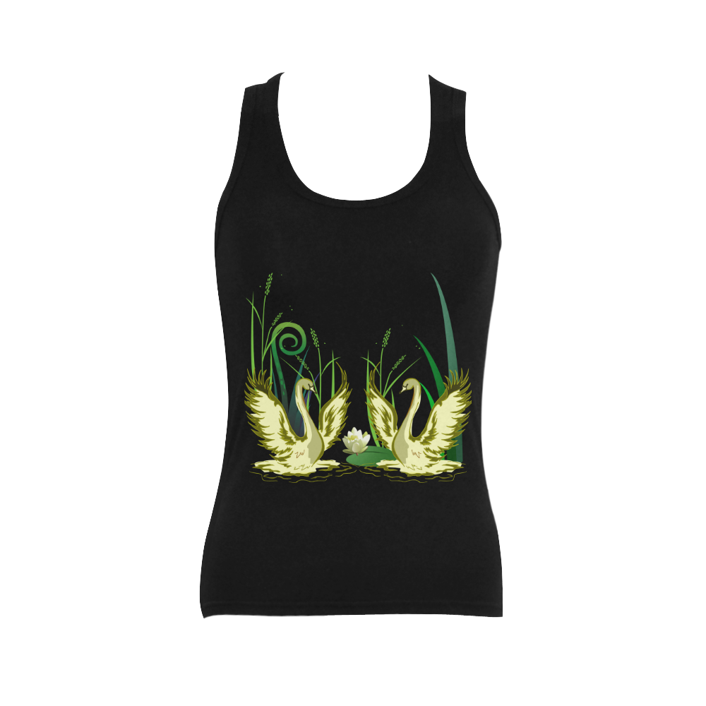 Lovely Swans  & Flower Lily in a Pond Women's Shoulder-Free Tank Top (Model T35)