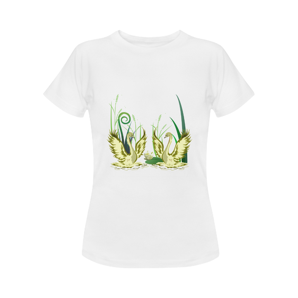 Lovely Swans  & Flower Lily in a Pond Women's Classic T-Shirt (Model T17）