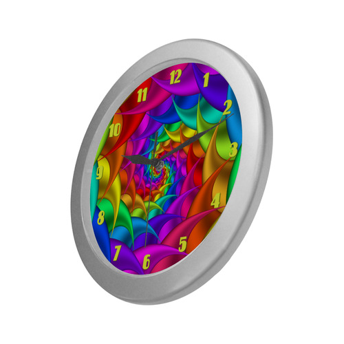 Psychedelic Rainbow Spiral Fractal Silver Color Wall Clock