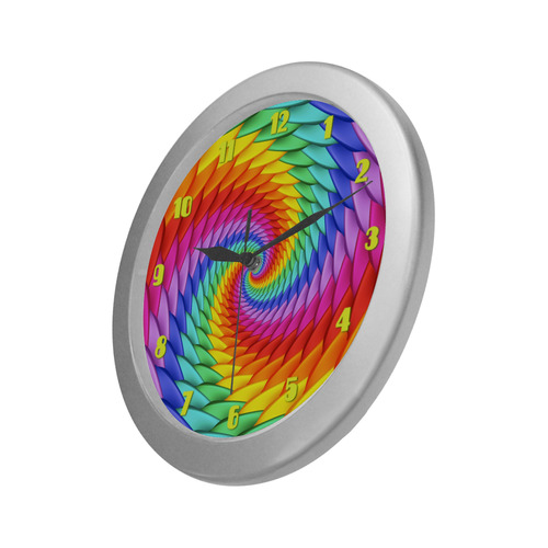 Psychedelic Rainbow Spiral Fractal Silver Color Wall Clock