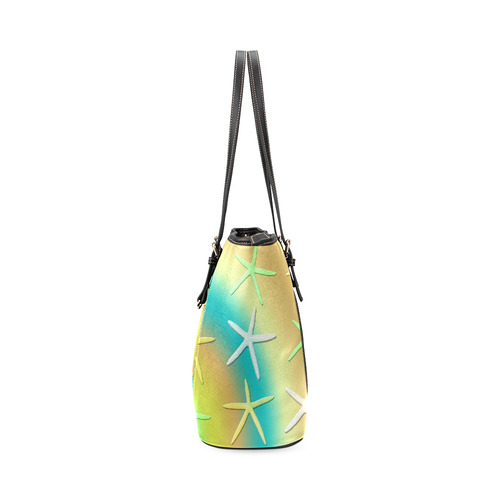 Lime White Yellow Starfishes Leather Tote Bag/Large (Model 1640)