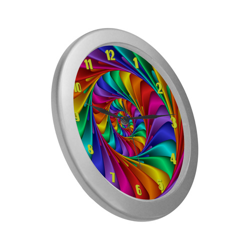 Psychedelic Rainbow Spiral Fractal Silver Color Wall Clock