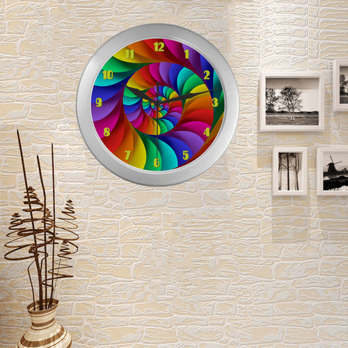 Psychedelic Rainbow Spiral Fractal Silver Color Wall Clock