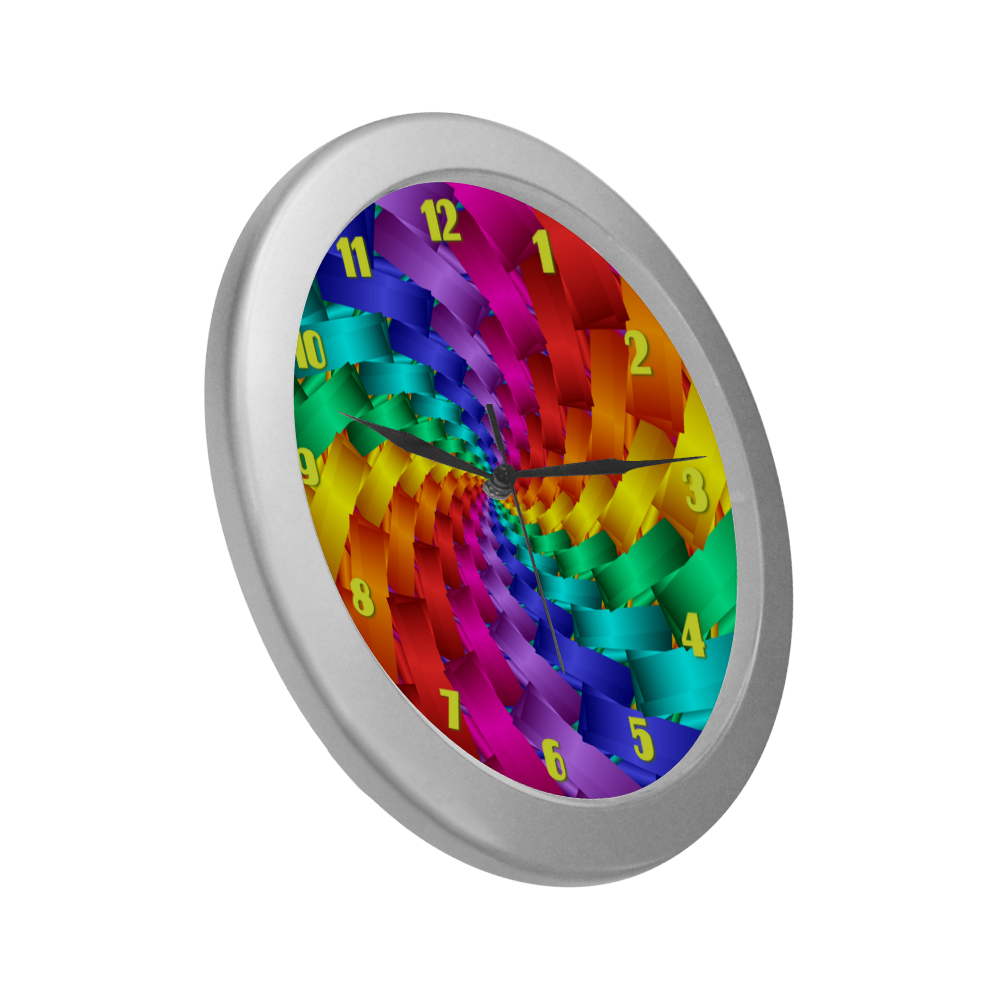 Psychedelic Rainbow Spiral Fractal Silver Color Wall Clock