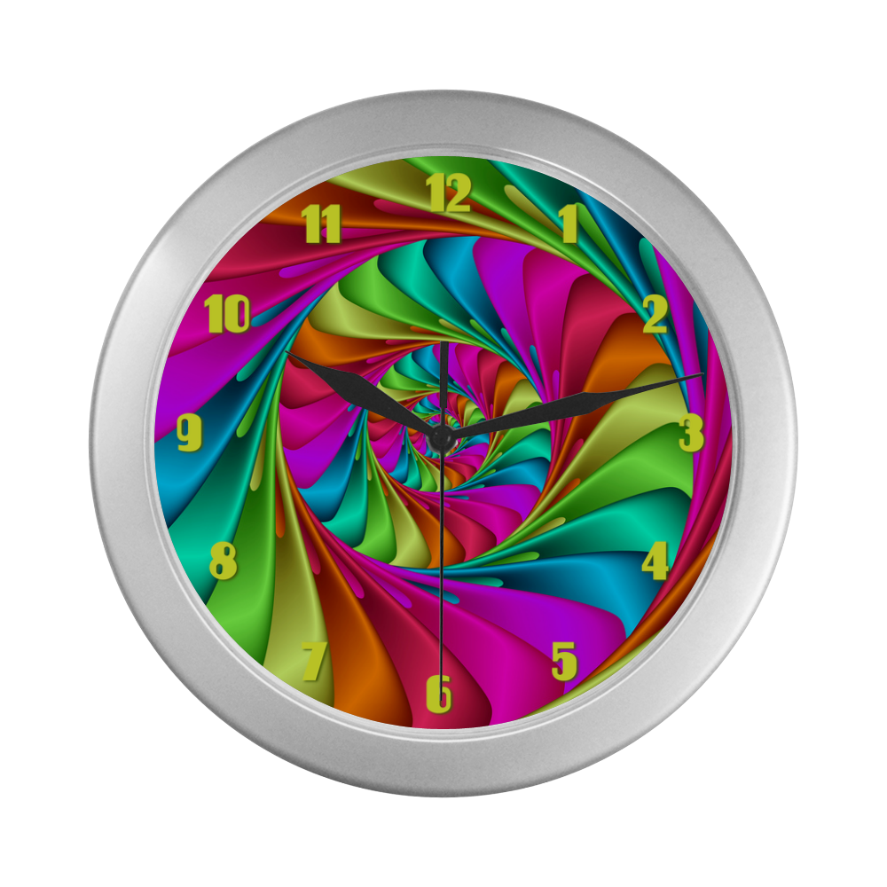 Psychedelic Rainbow Spiral Fractal Silver Color Wall Clock