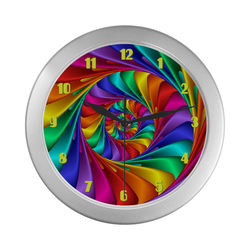 Psychedelic Rainbow Spiral Fractal Silver Color Wall Clock