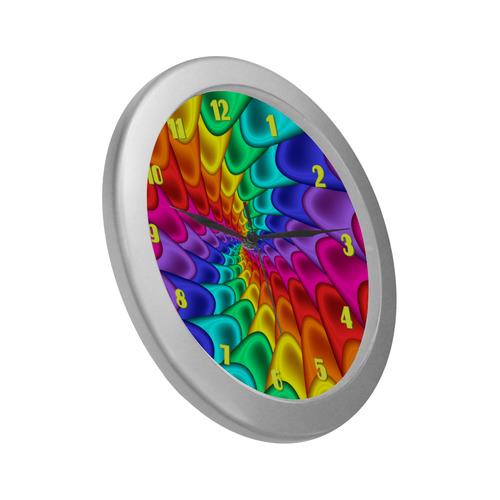 Psychedelic Rainbow Spiral Fractal Silver Color Wall Clock