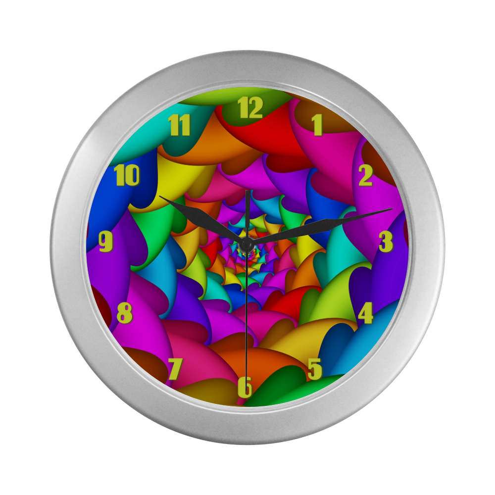 Psychedelic Rainbow Spiral Fractal Silver Color Wall Clock