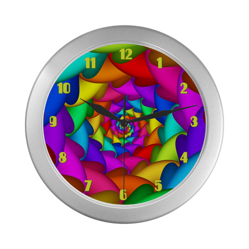 Psychedelic Rainbow Spiral Fractal Silver Color Wall Clock