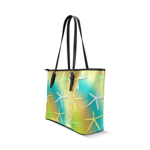 Lime White Yellow Starfishes Leather Tote Bag/Large (Model 1640)
