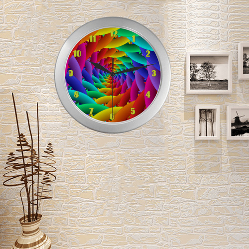 Psychedelic Rainbow Spiral Fractal Silver Color Wall Clock