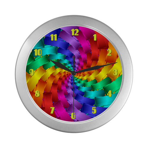 Psychedelic Rainbow Spiral Fractal Silver Color Wall Clock