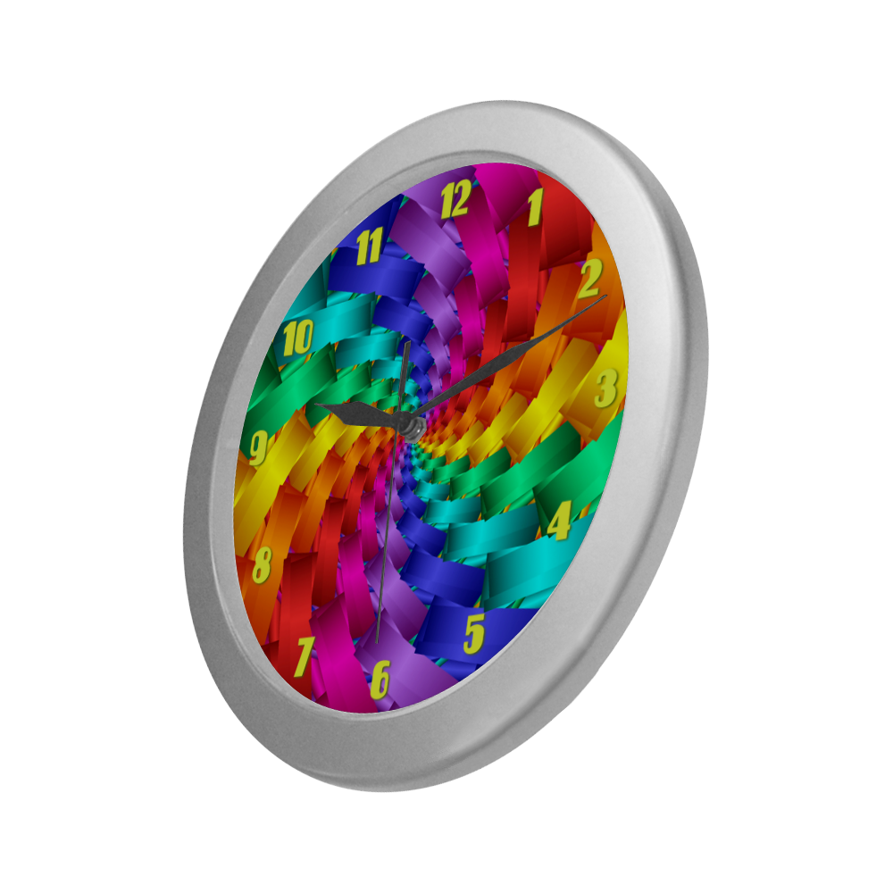 Psychedelic Rainbow Spiral Fractal Silver Color Wall Clock