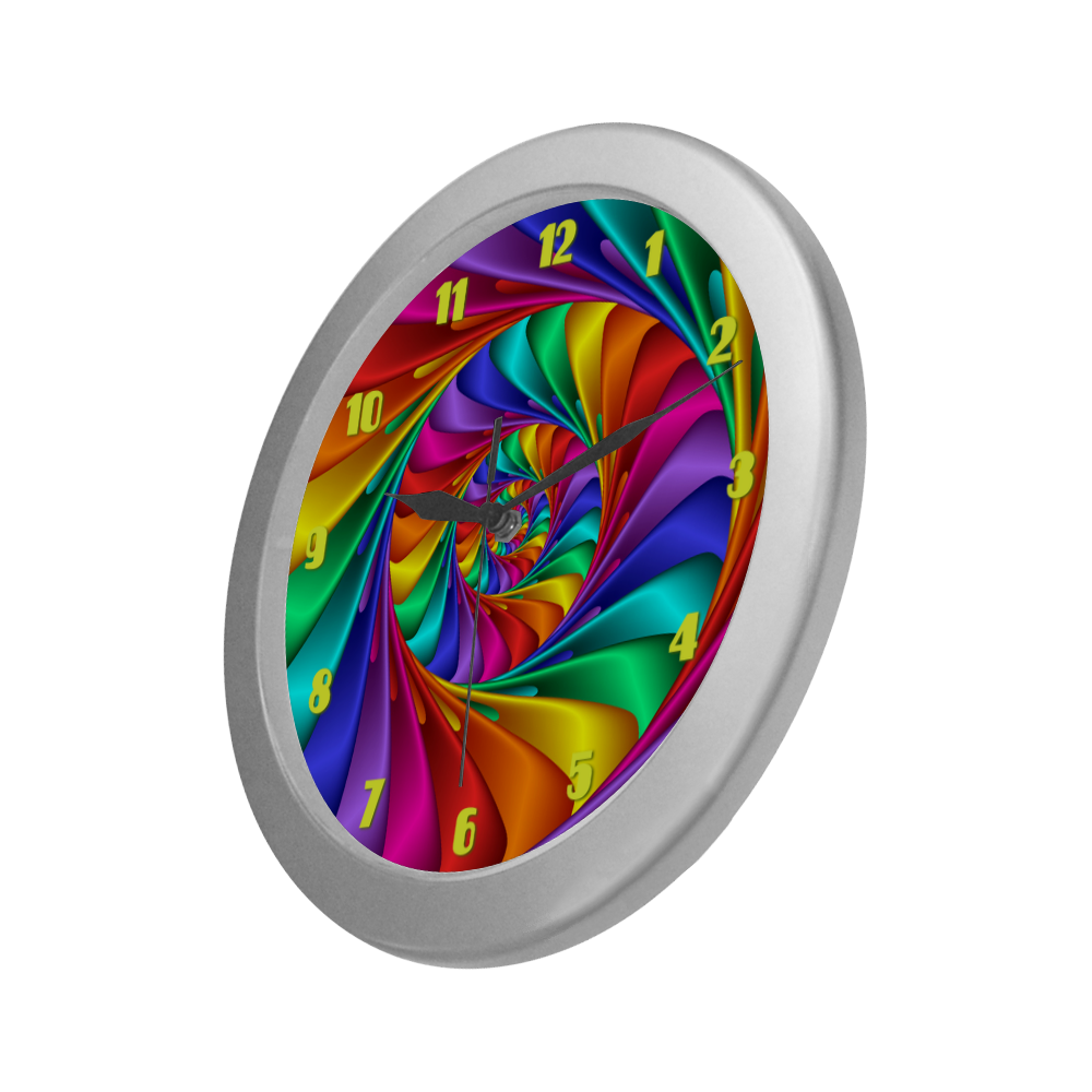 Psychedelic Rainbow Spiral Fractal Silver Color Wall Clock